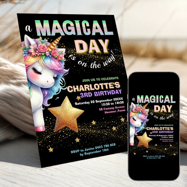 Glitter rainbow unicorn 3rd birthday Invitation (Creator Uploaded)