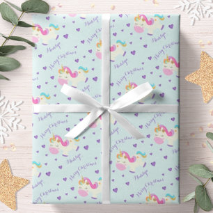 Glitter Rainbow Unicorn Christmas Aqua Wrapping Paper