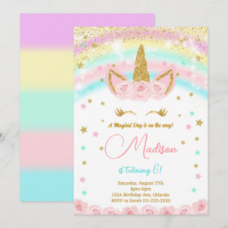 Glitter Rainbow Unicorn Kids Birthday Invitation