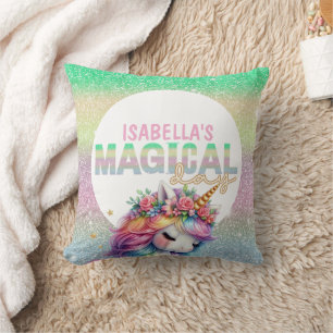 Glitter rainbow unicorn magical  throw pillow