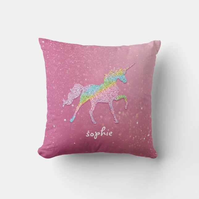 Glitter Rainbow Unicorn Nursery Throw Pillow (Front)