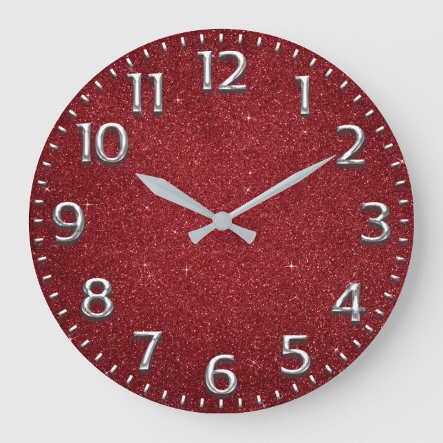 Glitter Red Arabic Numbers Metal Wine Grey Silver Large Clock (Front)