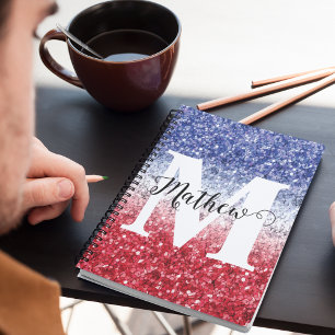 Glitter Red Blue White USA Monogram Name Notebook