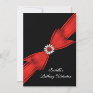 Glitter Red Diamond Bow Black Birthday Party 2 Invitation