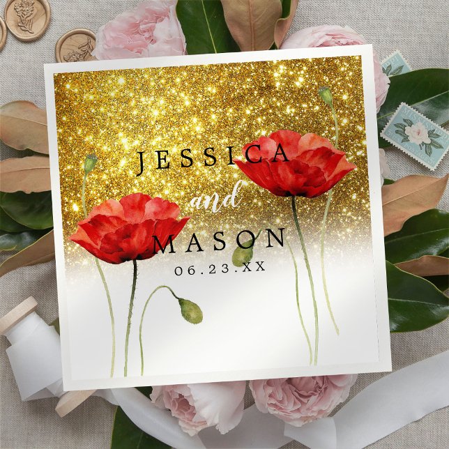 Glitter Red Flowers Wedding Cocktail  Napkin (Creator Uploaded)