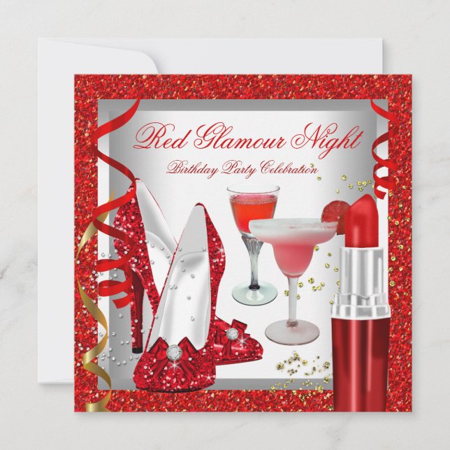 Glitter Red Glamour Night Cocktails Party Invitation (Front)