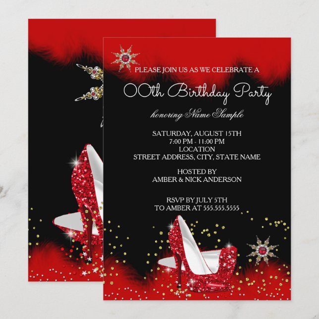 Glitter Red High Heel Black Gold Snowflake Party Invitation (Front/Back)
