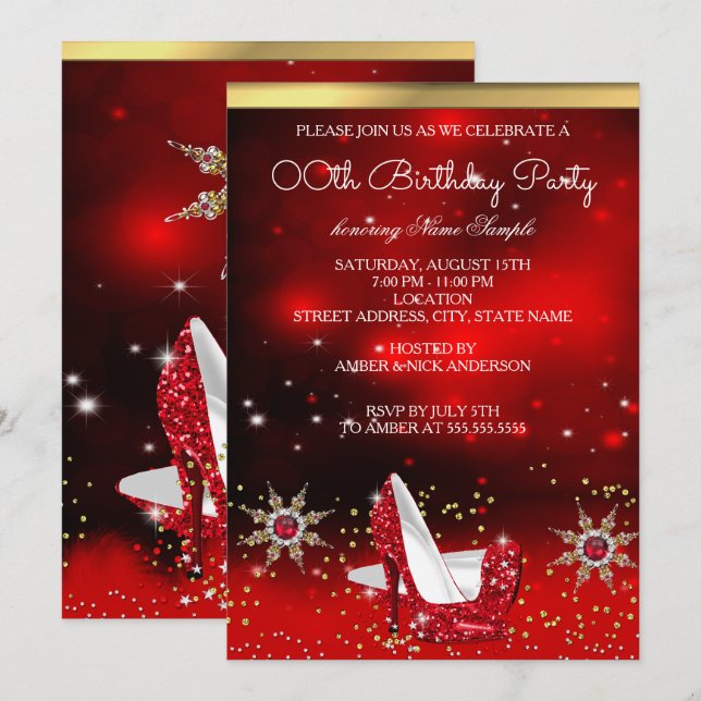 Glitter Red High Heel Shoes Gold Snowflake Party Invitation (Front/Back)