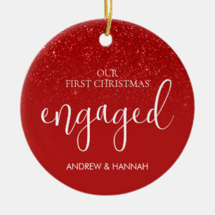 Glitter Red Our First Christmas Engaged Photo Ceramic Ornament