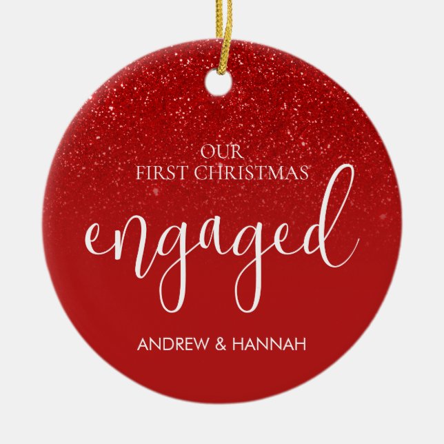 Glitter Red Our First Christmas Engaged Photo Ceramic Ornament (Front)