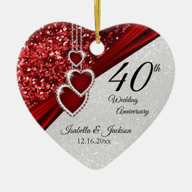 ⭐ Glitter Red Ruby 40th Anniversary 💕 Keepsake Ceramic Ornament (Front)