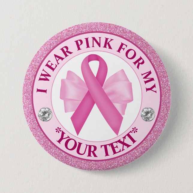 Glitter Ribbon & Bow Breast Cancer Awareness 3 Inch Round Button (Front)