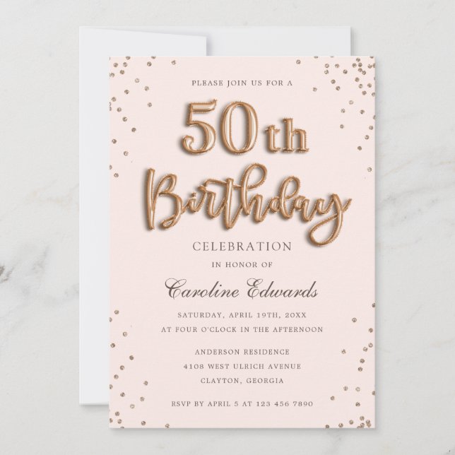 Glitter Rose Foil Balloons 50th Birthday Elegant Invitation (Front)