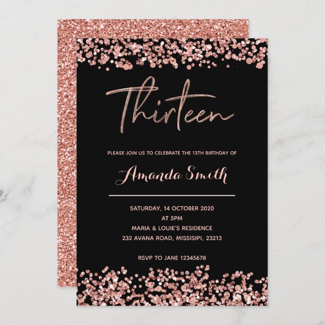 Glitter Rose gold 13th Birthday Invitation black (Front/Back)