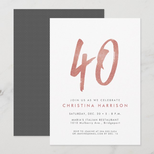 Glitter rose gold 40th birthday party invitation (Front/Back)