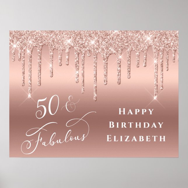 Glitter Rose Gold 50th Birthday Party Poster (Front)
