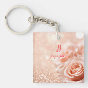 Glitter Rose Gold Background and Rose Gold Roses Keychain
