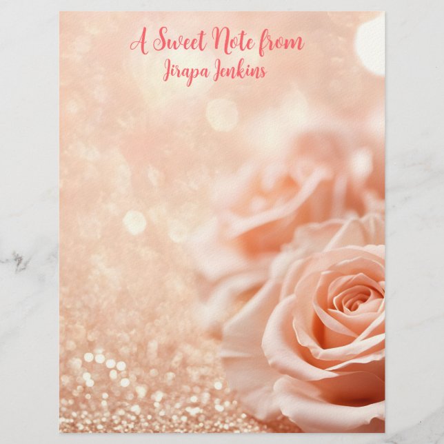 Glitter Rose Gold Background and Rose Gold Roses  Letterhead (Front)