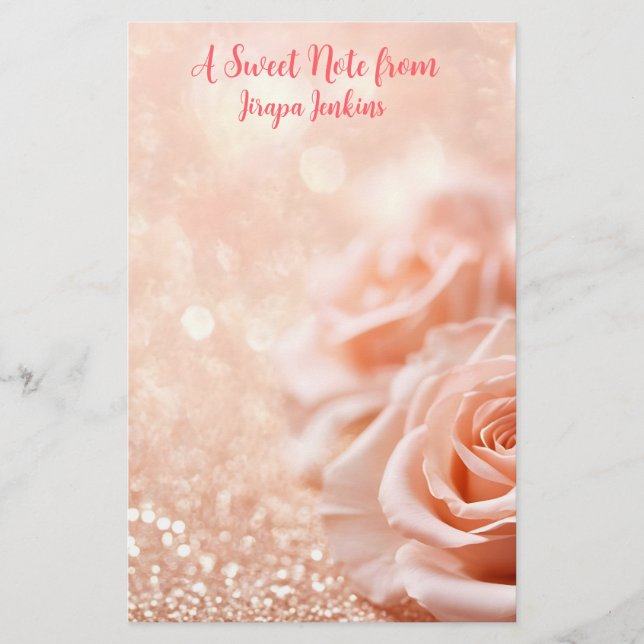 Glitter Rose Gold Background and Rose Gold Roses  Stationery (Front)