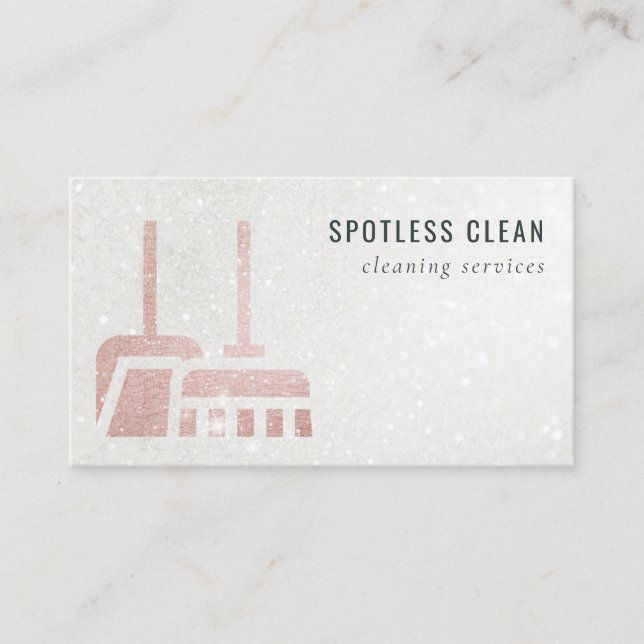 Glitter Rose Gold Blush Broom Cleaning Service Business Card (Front)