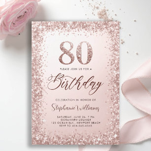 Glitter Rose Gold Calligraphy Modern 80th Birthday Invitation