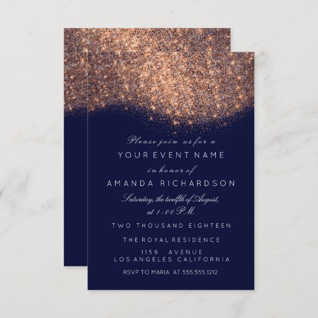 Glitter Rose Gold Copper Blue Navy White Elegant Invitation (Front/Back)