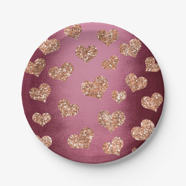Glitter Rose Gold Hearts Confetti Burgundy Copper Paper Plate (Front)