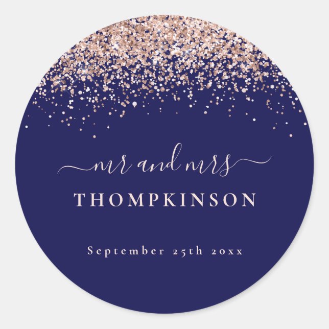 Glitter Rose Gold Mr Mrs Name Wedding Navy Blush  Classic Round Sticker (Front)