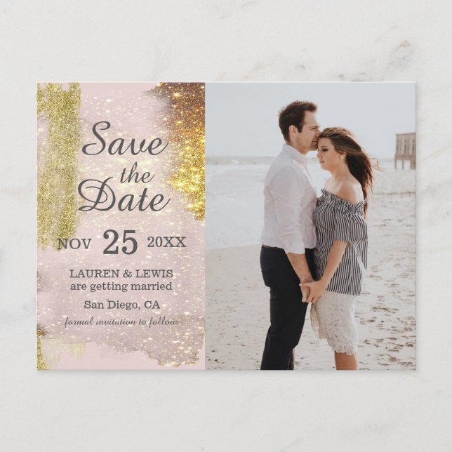 Glitter Rose Gold Photo Wedding Save the Date Postcard (Front)