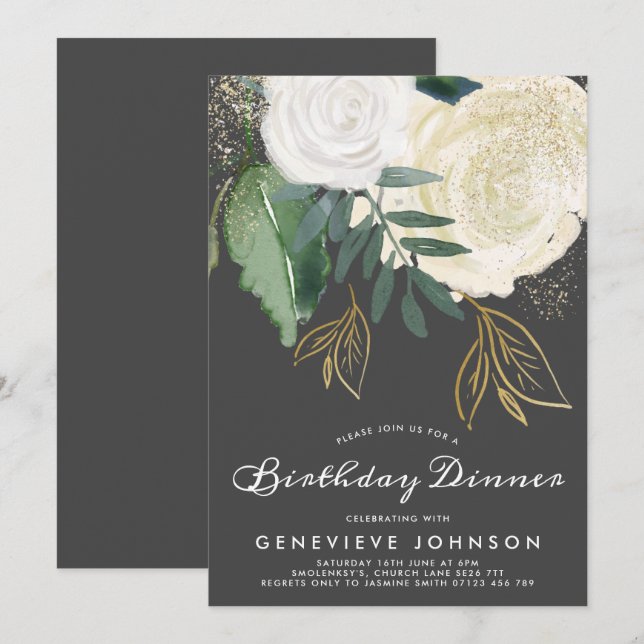 Glitter Roses Birthday Dinner Invitation (Front/Back)