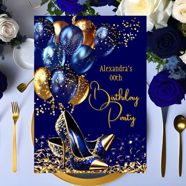 Glitter Royal Navy Blue Gold heels Balloons Invitation (Creator Uploaded)