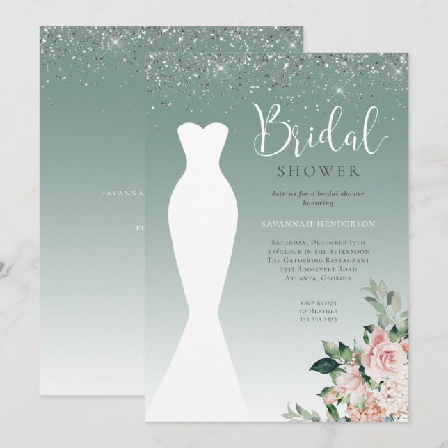 Glitter Sage Green Wedding Dress Bridal Shower Invitation (Front/Back)