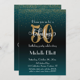 Glitter & Script 50 & Fabulous Black + Teal Ombre Invitation