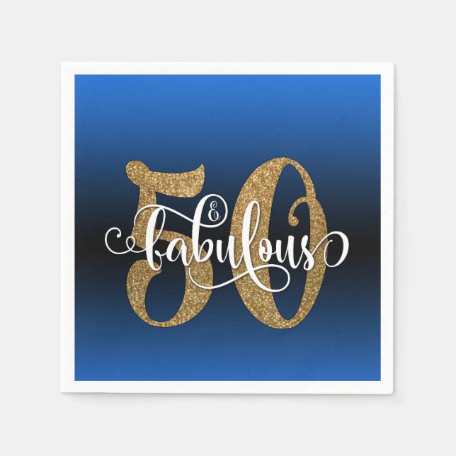 Glitter & Script 50 & Fabulous, Blue Birthday Napkin (Front)