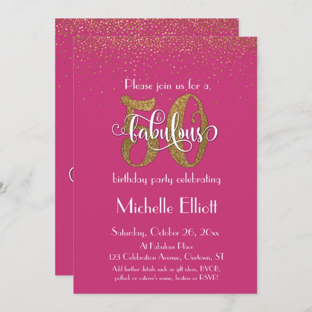 Glitter & Script 50 & Fabulous, Hot Pink Birthday Invitation (Front/Back)