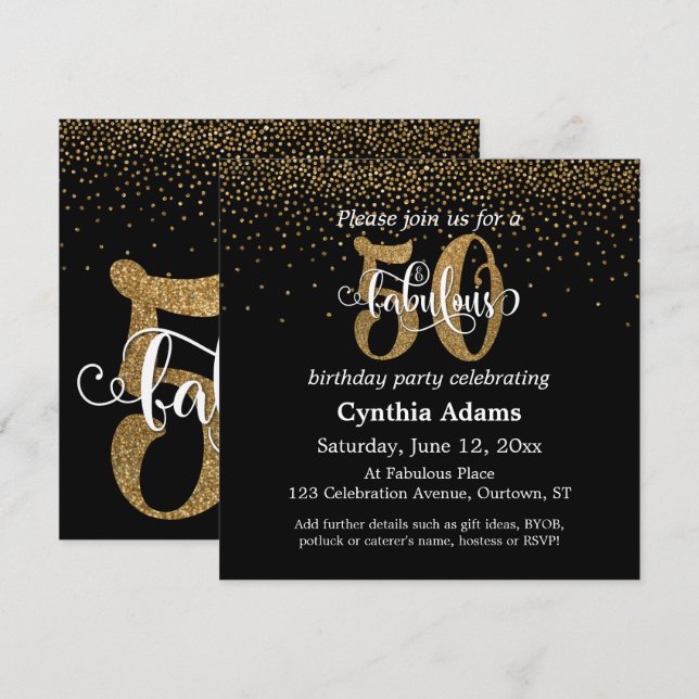 Glitter & Script 50 & Fabulous on Black, Birthday Invitation (Front/Back)