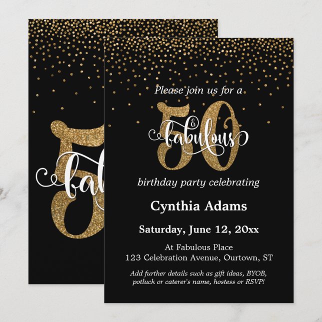 Glitter & Script 50 & Fabulous on Black, Birthday Invitation (Front/Back)