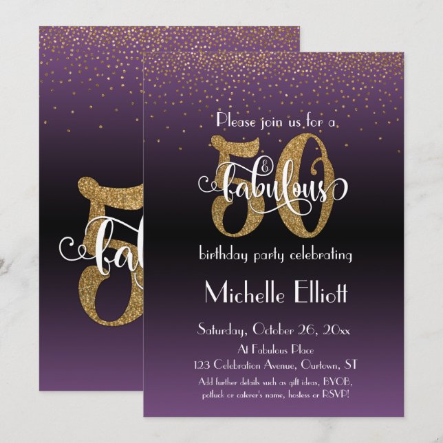 Glitter & Script 50 & Fabulous on Purple Ombre Invitation (Front/Back)