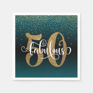 Glitter + Script 50 & Fabulous, Teal & Black Ombre Napkin