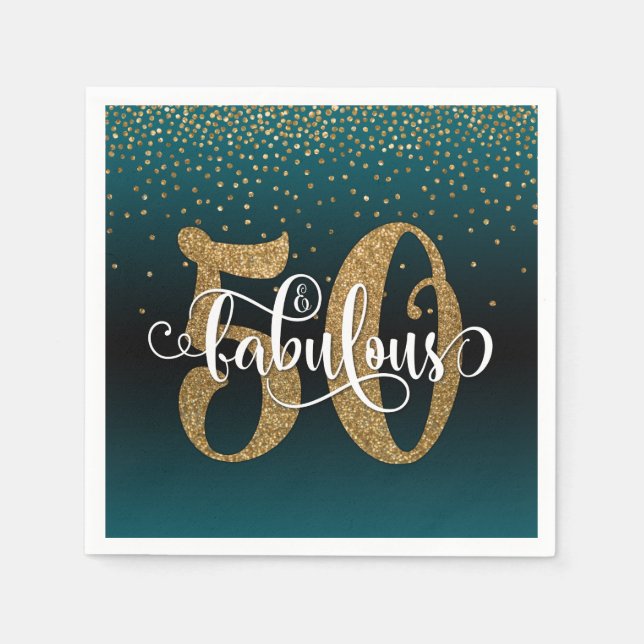 Glitter + Script 50 & Fabulous, Teal & Black Ombre Napkin (Front)