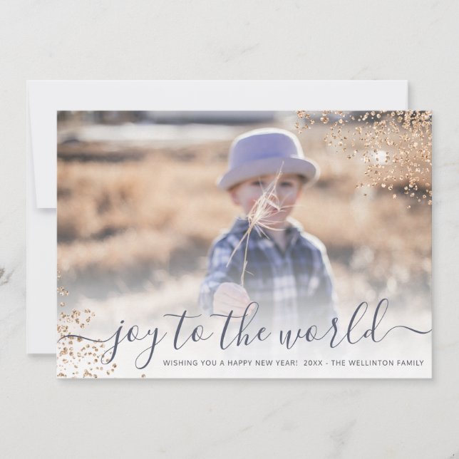 Glitter script joy to the world new year photo holiday card (Front)