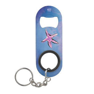*~* Glitter Sea Shell Star Fish Blue Watercolor Keychain Bottle Opener