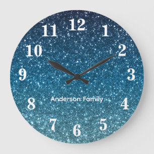 Glitter Seaside and Ocean Blue Gradient Personized Large Clock