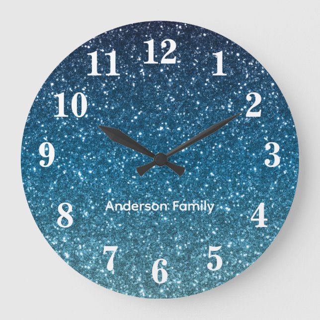 Glitter Seaside and Ocean Blue Gradient Personized Large Clock (Front)