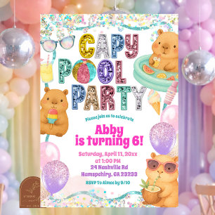 Glitter Sequin Capybara Pool Party Birthday invita Invitation