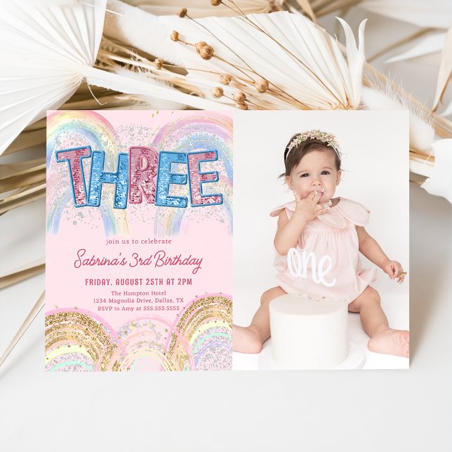 Glitter Sequin Rainbow 3rd Birthday Photo Invitation (Creator Uploaded)