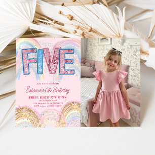 Glitter Sequin Rainbow 5th Birthday Invitation