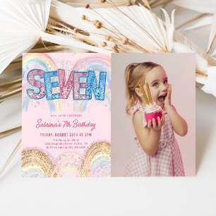 Glitter Sequin Rainbow 7th Birthday Photo Invitation