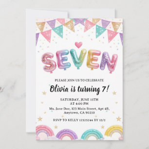 Glitter SEVEN Girly Rainbow Sequin 7th Birthday Invitation