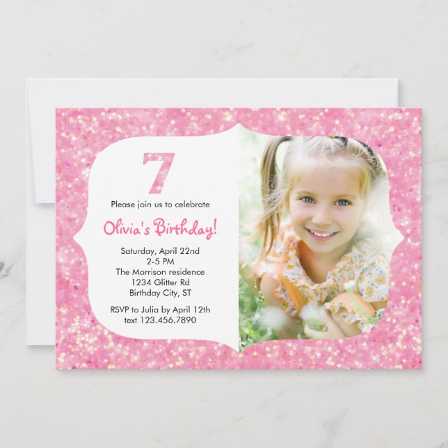 Glitter Seventh Birthday Invitation (Front)